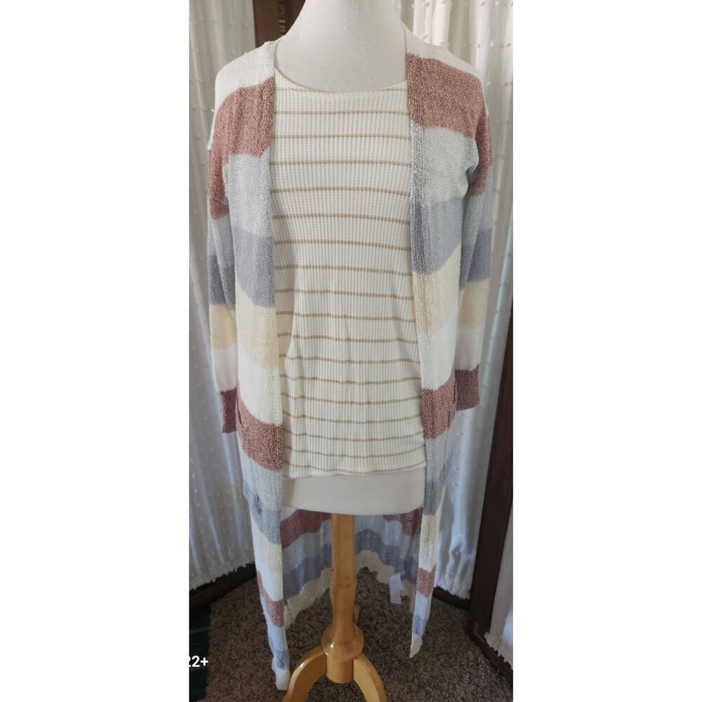 C8 Cozy Casual long open front sweater Cardigan brown white tan & gray striped